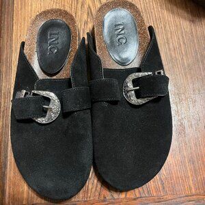 I.N.C. Wenna Black Suede Slip On Clogs with Silver Western Buckles  Size 6.5
